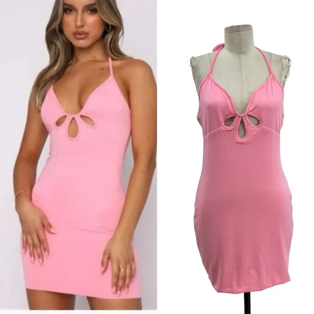 White Fox Boutique The Long Run Mini Dress Pink Halter Bodycon Size XL